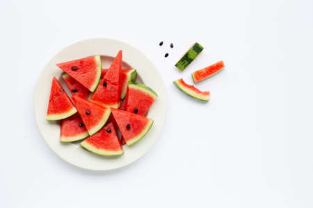 Summer fruit, Slices of watermelon on white plate isolated on white background, Copy space