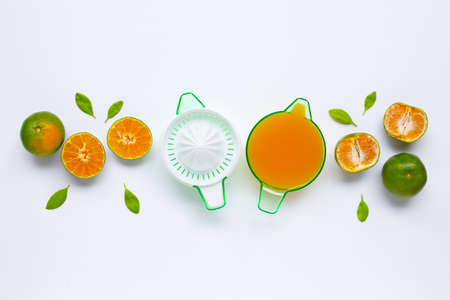 Citrus orange juicer with oranges on white background.の写真素材