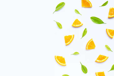 High vitamin C, Juicy and sweet. Fresh orange fruit with green leaves  on white background