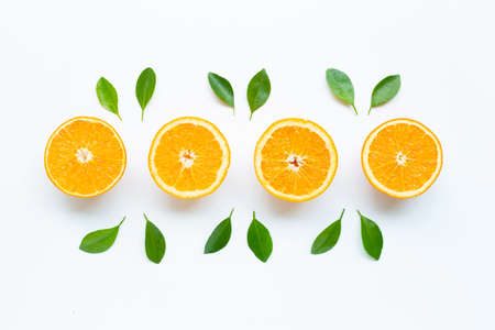 High vitamin C. Fresh orange citrus fruit with leaves isolated on white background.の写真素材