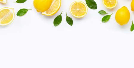 Fresh lemon and  slices  with leaves isolated on white background.の写真素材