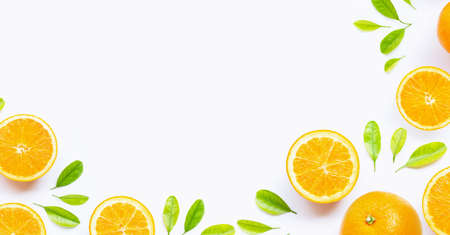 Fresh orange citrus fruit with leaves isolated on white background. Juicy and sweet with copy space