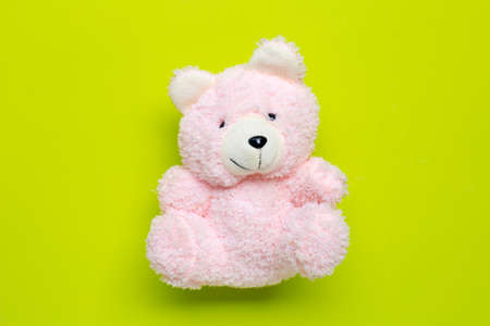 Toy pink bear on green background. Copy space