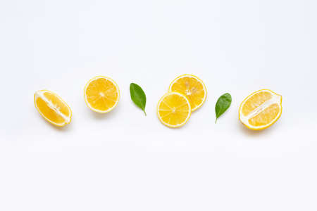 lemon and slices with leaves isolated on white background.