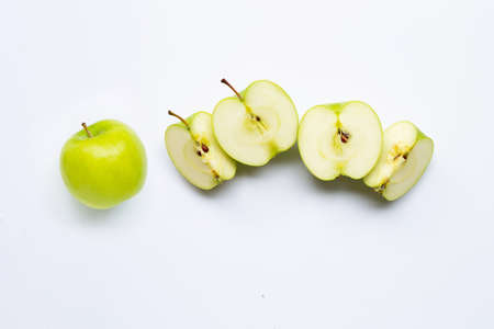 Green apples on white background. Copy space