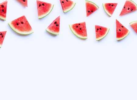 Fresh watermelon slices on white background. Copy spaceの写真素材
