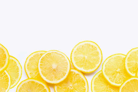 Frame made of fresh lemon with slices on white background. Copy spaceの写真素材