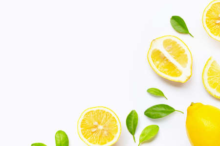 Fresh lemon with slices isolated on white background.  Copy spaceの写真素材