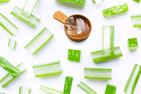 Aloe vera gel on white. Aloe vera is a popular medicinal plant for health and beauty. Top viewの写真素材