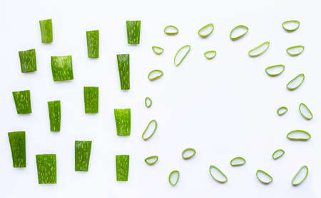 Aloe Vera cut pieces with slices on white background. Copy spaceの写真素材