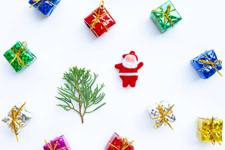 Merry Christmas and Happy Holidays, Christmas composition. gifts, pine branches and decorations on white background. の写真素材