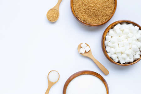 Various types of sugar on white background. Copy spaceの写真素材