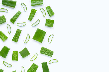 Aloe Vera cut pieces with slices on  white background. Copy spaceの写真素材