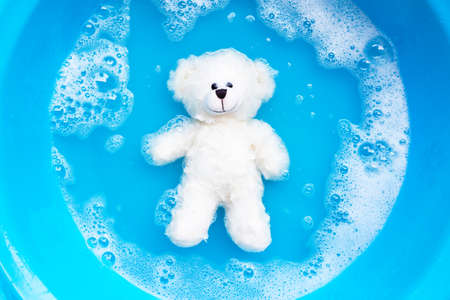 Soak toy bear in laundry detergent water dissolution before washing.  Laundry concept, Top view