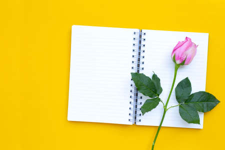 Diary notebook with rose on yellow background. Copy space