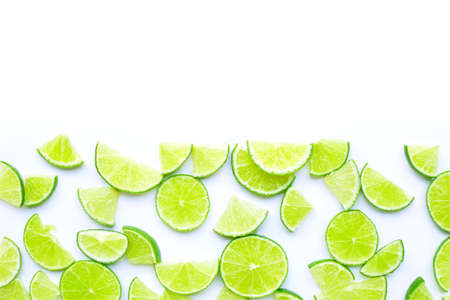 Fresh lime slices on white background. Copy spaceの写真素材