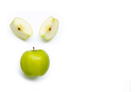 Green apples on white background. Copy space