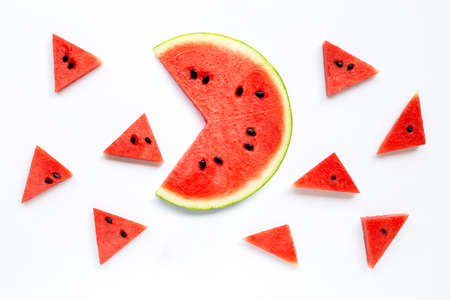 Slices of watermelon isolated on white background, top viewの写真素材