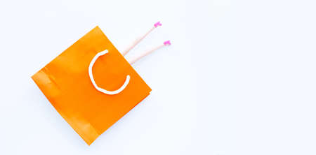 Woman doll legs with paper shopping bag on white background. Copy spaceの写真素材