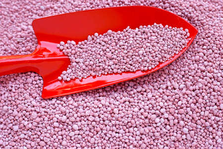 Chemical plant fertilizer with garden trowel for planting and plantation.