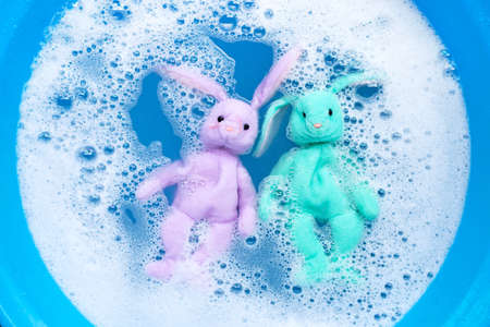 Soak rabbit doll toys in laundry detergent water dissolution before washing.  Laundry concept, Top viewの写真素材