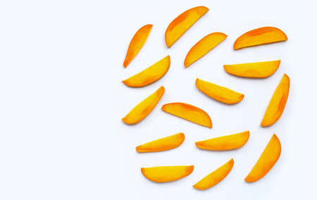 Tropical fruit, Mango fruit slices on white background. Copy spaceの写真素材