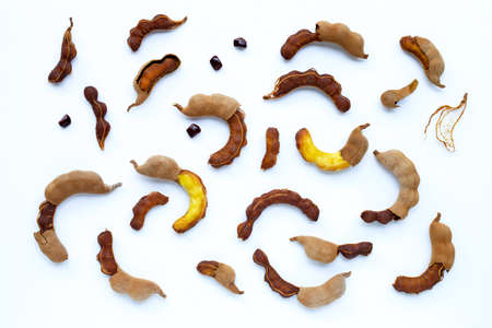 Tamarind tropical fruit on white background. Top viewの写真素材