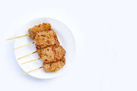 Grilled pork on white background. Top view