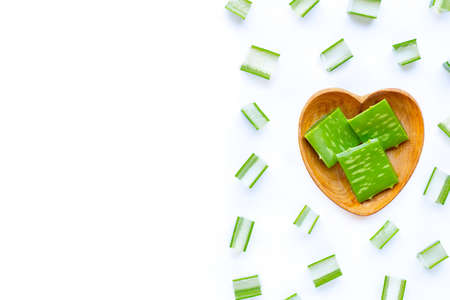 Aloe Vera cut pieces with slices on white background. Copy spaceの写真素材