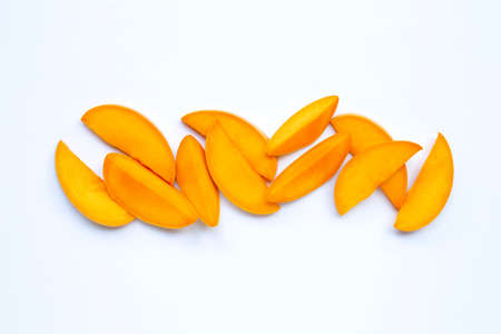 Tropical fruit, Mango slices on white background. Top viewの写真素材