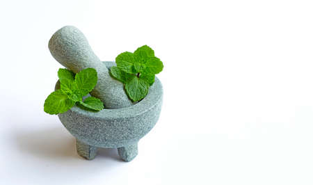 Mint leaves in stone mortar and pestle on white background. Copy spaceの写真素材