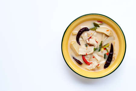 Thai food, Coconut milk soup with chicken on white background. Copy spaceの写真素材