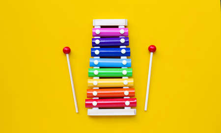 Colorful xylophone on yellow background. Copy space