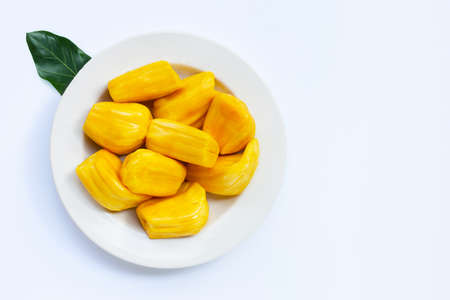 Ripe jackfruit on dish plate isolated on white background.の写真素材
