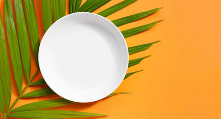 Empty white ceramic plate on tropical palm leaves on orange background. Top viewの写真素材