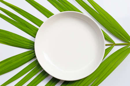 Empty white ceramic plate on tropical palm leaves on white background. Top viewの写真素材