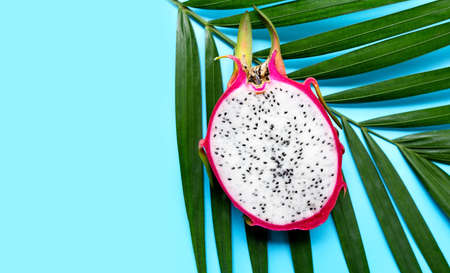 Ripe dragonfruit or pitahaya on tropical palm leaves. Top viewの写真素材