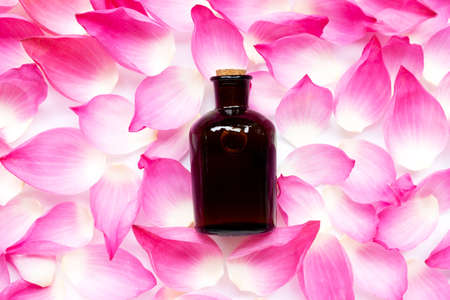 Essential oil bottle on pink lotus petals background. Top viewの写真素材