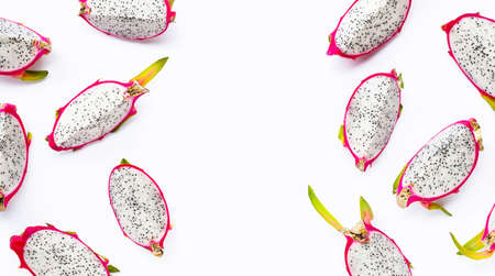 Dragon fruit slices, pitaya isolated on white background. Delicious tropical exotic fruitの写真素材