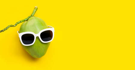 Coconut with sunglasses on yellow background. Copy spaceの写真素材