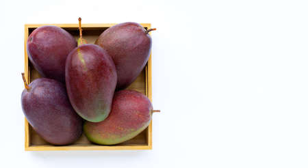 Tropical fruit, Fresh mango in wooden box on white background. Top view with copy spaceの写真素材