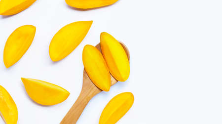 Tropical fruit, Mango slices on white background. Top viewの写真素材