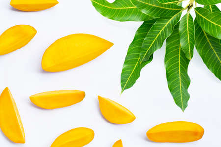Tropical fruit, Mango  slices with leaves on white background. Top view