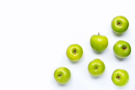 Fresh green apples on white background. Copy spaceの写真素材