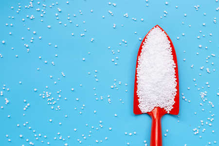 Chemical plant urea fertilizer on blue background.の写真素材