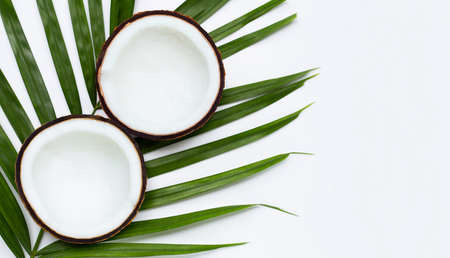 Half coconuts on tropical palm leaves on white background. Top viewの写真素材