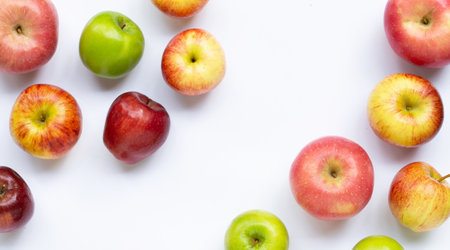 Frame made of fresh juicy apples on white background. Copy spaceの写真素材