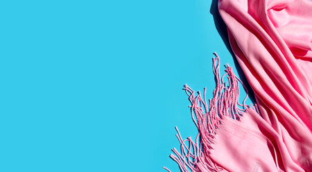Pink women's shawl on blue background. Copy spaceの写真素材