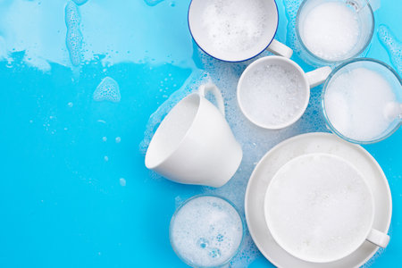 Washing used drinking glasses and cups on blue