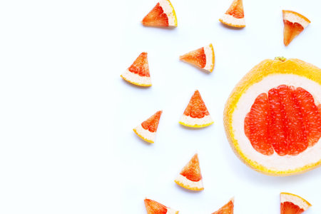 High vitamin C. Juicy grapefruit slices on white background.の写真素材